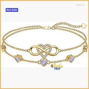 18K Gold Infinity Heart Birthstone Adjustable Anklet Bracelet for Women